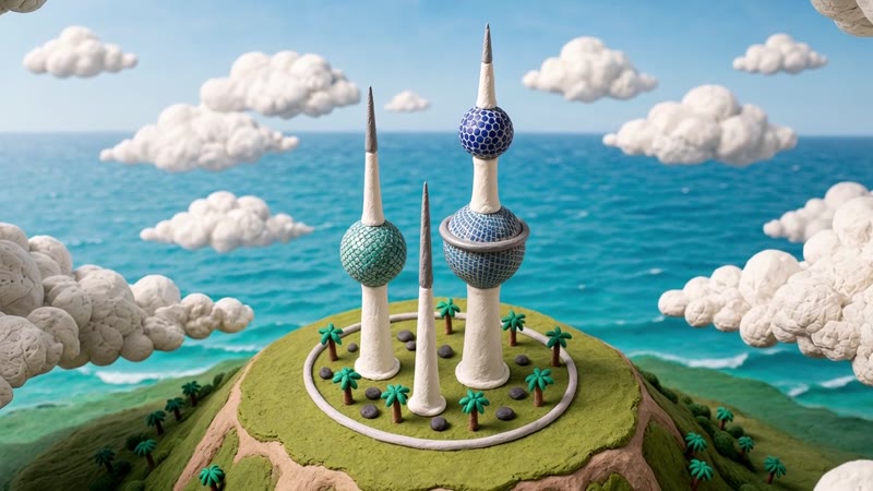 Illustrative claymation view of Kuwait Towers above the Gulf