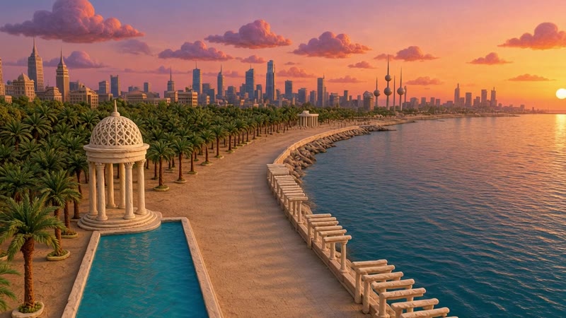 Illustrative claymation view of Kuwait’s waterfront, not a photograph of Failaka