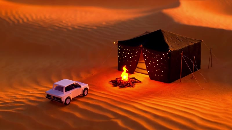 Illustrative claymation desert camp in the golden evening light