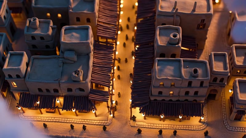 Illustrative claymation market lanes glowing with warm lights